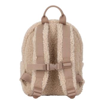 Rückenseite des Little Dutch Teddy‑Rucksacks in Taupe – gepolsterte Gurte, Name‑Label und Haltegriff oben