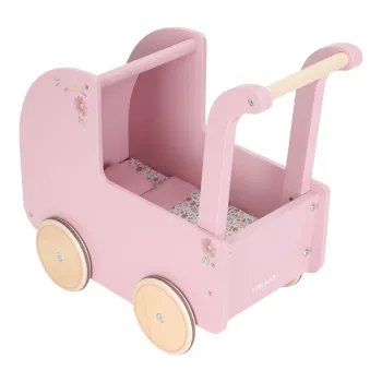 Rosa Holz Puppenwagen LD2519 mit floralen Textilien ideal für Puppe Lily oder Noa