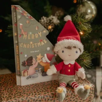 Kuscheltier Jim neben Weihnachtsbuch im Geschenkset