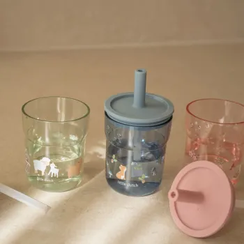 Little Dutch Kinder ​Trinkglas blau Mio 250ml mit Trinkhalm Mepal - Forest Friends