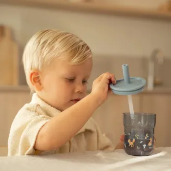 Little Dutch Kinder ​Trinkglas blau Mio 250ml mit Trinkhalm Mepal - Forest Friends