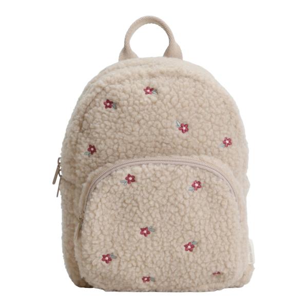Kinderrucksack Teddy mit Blumen in Sand von Little Dutch, weich, nachhaltig, 12x22,5x29 cm