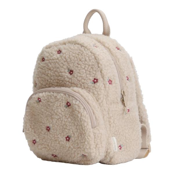 Flauschiger Kinderrucksack in Sand mit Blumenmuster von Little Dutch – ideal für Kita & Ausflüge