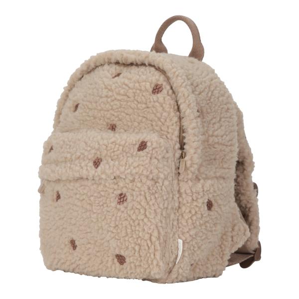 Detailansicht Teddy‑Rucksack Taupe – weiche Textur, elastische Innenfächer für Trinkflasche, praktischer Reißverschluss vorne Detailansicht Teddy‑Rucksack Taupe – weiche Textur, elastische Innenfächer für Trinkflasche, praktischer Reißverschluss vorne