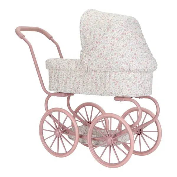 Seitenansicht des Little Dutch Puppenwagens Soft Flowers mit vier großen Rädern