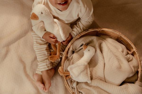 Kuschelgans 25 cm neben passendem Babyspielzeug von Little Dutch