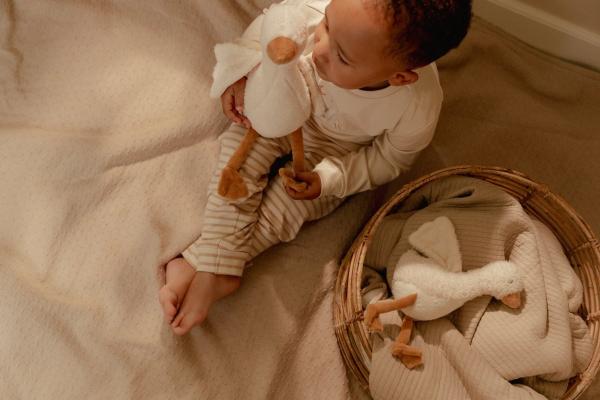Kuschelgans 25 cm neben passendem Babyspielzeug von Little Dutch
