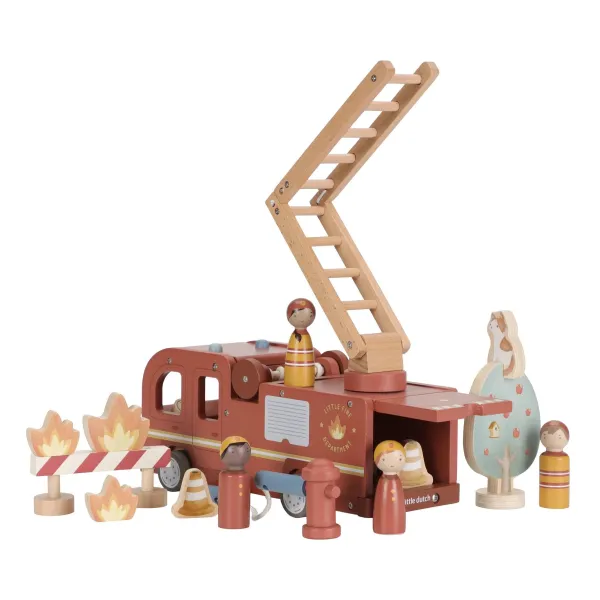 Leiterwagen - Little Dutch Holz-Feuerwehrauto rot – FSC-Spielzeug mit ausziehbarer Leiter und Feuerwehrmann Leiterwagen - Little Dutch Holz-Feuerwehrauto rot – FSC-Spielzeug mit ausziehbarer Leiter und Feuerwehrmann