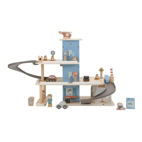 Detailansicht Holzparkhaus Blau mit Holzfahrzeugen und Hubschrauber von Little Dutch