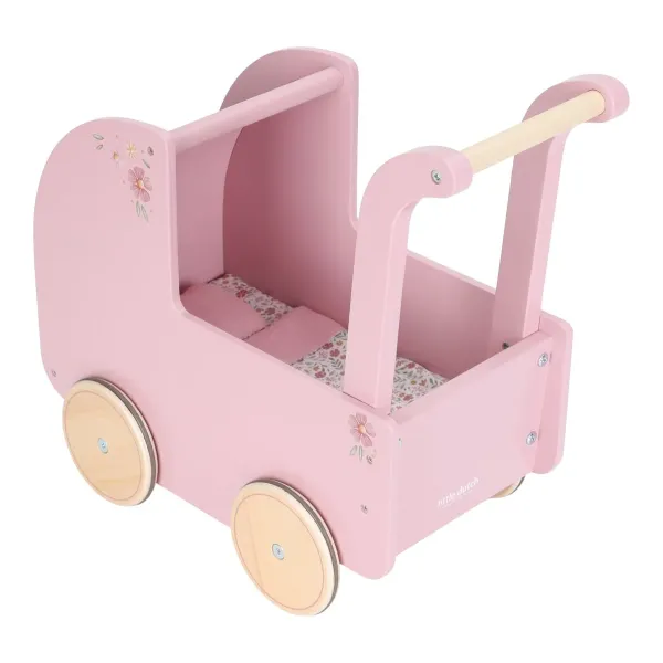 Rosa Holz Puppenwagen LD2519 mit floralen Textilien ideal für Puppe Lily oder Noa