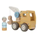 Gelber Holzkran von Little Dutch mit drehbarem Arm und Bauarbeiterfigur LD2530